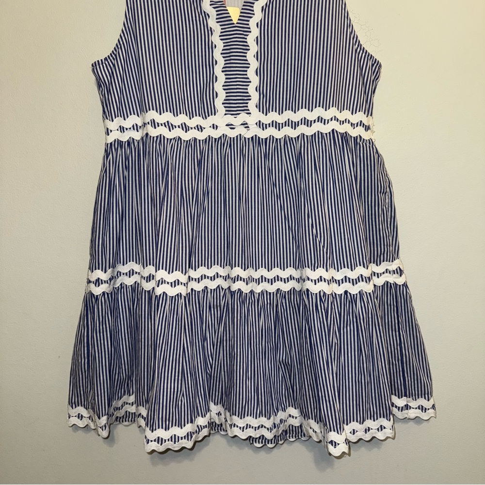 NEW Entro Womens Dress Large Navy Tiered Striped Dress Rick Rack Trim Lined - Picture 3 of 9